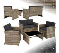 TecTake® Salon de Jardin Exterieur en Résine ressée 4 Places Table de Jardin, 1 Canapé, 2 Fauteuils, Coussins Inclus, Mobilier de Jardin - Marron Naturel/Gris foncé