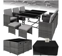 TecTake® Salon de Jardin Exterieur en Résine Tressée Poly Rotin Salon de Jardin Table 10 Personnes 6 Fauteuil en rotin 4 Tabouret Pouf Encastrable avec Housse de Protection, Entretien Facile