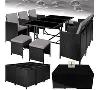 TecTake® Salon de Jardin Exterieur en Résine Tressée Poly Rotin Salon de Jardin Table 10 Personnes 6 Fauteuil en rotin 4 Tabouret Pouf Encastrable avec Housse de Protection, Entretien Facile