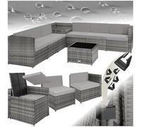 TecTake® Salon de Jardin Exterieur en Rotin 6 Places en Resine Tressee Modulable 6 Fauteuil Jardin Coffre de Rangement et Table en Verre Inclus pour Amenagement Balcon Terrasse - Gris