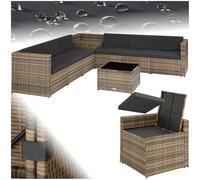 TecTake® Salon de Jardin Exterieur en Rotin 6 Places en Resine Tressee Modulable 6 Fauteuil Jardin Coffre de Rangement et Table en Verre Inclus pour Amenagement Balcon Terrasse - Marron Naturel