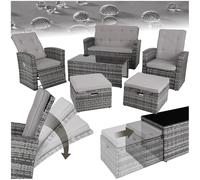 tectake® Salon de Jardin Exterieur Lounge en Poly Rotin 6 Places 1 Canapé 2 Fauteuil Salon 2 Tabouret Pouf et 1 Table de Jardin, Dossier inclinable Mobilier de Jardin pour Amenagement Balcon