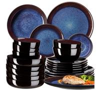 tectake® Service de table 24 pièces pour 6 personnes, Petites et Grandes Assiettes, Assiette creuse, Bols, Service vaisselle en faience, Vaisselle et Arts de la table, Set assiette et Bol, Bleu/Brun