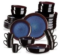 tectake® Service de table pour 6 personnes 30 pcs Petites et Grandes Assiettes, Assiette creuse, Bols, Tasses, Service vaisselle en faience Vaisselle et Arts de la table Set assiette et Bol, Bleu/Brun