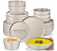 tectake® Service de Vaisselle en Grès, pour 6 Personnes, Lot de 24 Pièces | Assiettes plates, Assiettes à dessert, Assiettes creuses, Bols, Empilables, Compatible Lave-vaisselle & Micro-ondes, Taupe