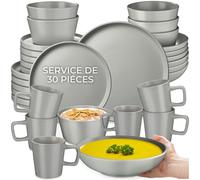 tectake® Service de Vaisselle en Grès, pour 6 Personnes, Lot de 30 Pièces | Assiettes plates et À dessert, Assiettes creuses, Bols, Tasses, Empilables, Compatible Lave-vaisselle & Micro-ondes, Gris