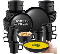 tectake® Service de Vaisselle en Grès, pour 6 Personnes, Lot de 30 Pièces | Assiettes plates et À dessert, Assiettes creuses, Bols, Tasses, Empilables, Compatible Lave-vaisselle & Micro-ondes, Noir