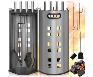 tectake® Serviteur cheminée, 5 ustensiles cheminée en acier, Support de rangement, Tisonnier, Pince à buches, Balai, Pelle, Set outils Cheminee résistants à la chaleur et facile à nettoyer