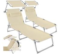 tectake® Set de 2 Chaise Longue Pliante Bain de Soleil Jardin Exterieur avec Pare Soleil & Appuie-tête Chaise Longue inclinable Transat de Plage Relax Jardin Camping Salon de Jardin Exterieur - Beige