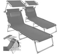 tectake® Set de 2 Chaise Longue Pliante Bain de Soleil Jardin Exterieur avec Pare Soleil & Appuie-tête Chaise Longue inclinable Transat de Plage Relax Jardin Camping Salon de Jardin Exterieur - Gris