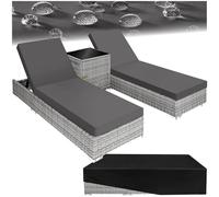 tectake® Set de 2x Chaise Longue Bain de Soleil avec Dossier réglable + Table de Jardin en Aluminium et Resine Tressee + 2 Set de Housses + Housse de Protection Piscine Balcon Jardin - Gris Clair