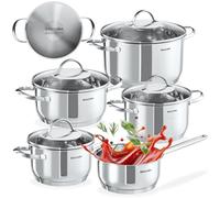 tectake® Set de 5 Casseroles et 4 Couvercle en verre, Batterie de cuisine Casserole inox, 1 Casserole à manche, 4 Casseroles à poignées, Compatible induction, gaz, électrique, vitrocéramique, Cuisine