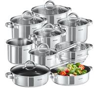 tectake® Set de casseroles & Poele Inox 15 pcs, revêtement anti-adhésif, Lot de casseroles, poêles & couvercle casserole, ustensiles de cuisine idéal Induction cuisinère gaz & vitrocéramique