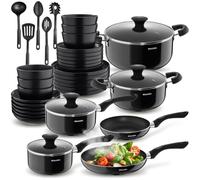 tectake® Set de cuisine 39 pièces, Service de table 6 personnes et Batterie de cuisine, Poêles, Casseroles, Assiettes petites et grandes, Assiettes creuses, Bol, Louche, Spatule, Vaisselle en grès