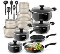 tectake® Set de cuisine 39 pièces, Service de table 6 personnes et Batterie de cuisine, Poêles, Casseroles, Assiettes petites et grandes, Assiettes creuses, Bol, Louche, Spatule, Vaisselle en grès