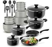 tectake® Set de cuisine 39 pièces, Service de table 6 personnes et Batterie de cuisine, Poêles, Casseroles, Assiettes petites et grandes, Assiettes creuses, Bol, Louche, Spatule, Vaisselle en grès