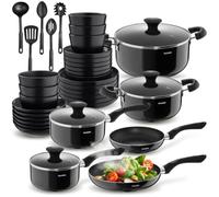 tectake® Set de Cuisine 39 Pièces, Vaisselle en Grès émaillé 6 personnes | 4 Casseroles et 2 Poêles en Aluminium inoxydable, résistant à la Chaleur et aux Rayures, 5 ustensiles de cuisine inclus, noir