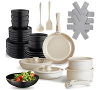 tectake® Set de cuisine 40 pièces, Service de table 6 personnes et Batterie de cuisine, Poêles Casseroles, Service vaisselle, Assiettes plates Assiettes creuses, Bol, Spatule Louche, Vaisselle en grès