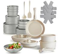tectake® Set de cuisine 40 pièces, Service de table 6 personnes et Batterie de cuisine, Poêles Casseroles, Service vaisselle, Assiettes plates Assiettes creuses, Bol, Spatule Louche, Vaisselle en grès