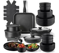 tectake® Set de cuisine 41 pièces, Service de table 6 personnes et Batterie de cuisine, Poêles, Casseroles, Service vaisselle, Assiettes petites et grandes, Assiettes creuses, Bol, Vaisselle en grès