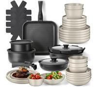 tectake® Set de cuisine 41 pièces, Service de table 6 personnes et Batterie de cuisine, Poêles, Casseroles, Service vaisselle, Assiettes petites et grandes, Assiettes creuses, Bol, Vaisselle en grès