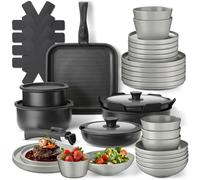 tectake® Set de cuisine 41 pièces, Service de table 6 personnes et Batterie de cuisine, Poêles, Casseroles, Service vaisselle, Assiettes petites et grandes, Assiettes creuses, Bol, Vaisselle en grès