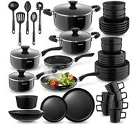 tectake® Set de cuisine 45 pièces, Service de table 6 personnes et Batterie de cuisine, Poêles, Casseroles, Assiettes plates, Assiettes creuses, Bols, Tasses, Louche, Spatule, Vaisselle en grès