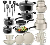 tectake® Set de cuisine 45 pièces, Service de table 6 personnes et Batterie de cuisine, Poêles, Casseroles, Assiettes plates, Assiettes creuses, Bols, Tasses, Louche, Spatule, Vaisselle en grès