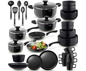 tectake® Set de cuisine 45 pièces, Service de table 6 personnes et Batterie de cuisine, Poêles, Casseroles, Assiettes plates, Assiettes creuses, Bols, Tasses, Louche, Spatule, Vaisselle en grès
