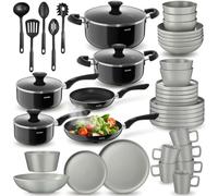 tectake® Set de Cuisine 45 Pièces, Vaisselle en Grès émaillé 6 personnes | 4 Casseroles & 2 Poêles en Aluminium inoxydable, résistant à la Chaleur & aux Rayures, 5 ustensiles de cuisine, gris/noir
