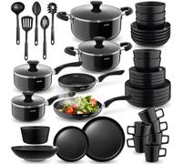 tectake® Set de Cuisine 45 Pièces, Vaisselle en Grès émaillé 6 personnes | 4 Casseroles et 2 Poêles en Aluminium inoxydable, résistant à la Chaleur et aux Rayures, 5 ustensiles de cuisine inclus, noir
