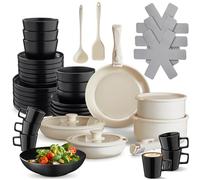 tectake® Set de cuisine 46 pcs, Service de table 6 personnes et Batterie de cuisine, Poêles Casseroles Service vaisselle Assiettes plates Assiettes creuses Bol Tasse Spatule Louche Vaisselle en grès