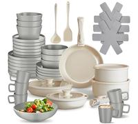 tectake® Set de cuisine 46 pcs, Service de table 6 personnes et Batterie de cuisine, Poêles Casseroles Service vaisselle Assiettes plates Assiettes creuses Bol Tasse Spatule Louche Vaisselle en grès