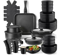 tectake® Set de cuisine 47 pièces, Service de table 6 personnes et Batterie de cuisine, Poêles Casseroles Service vaisselle Assiettes petites et grandes Assiettes creuses Bol Tasse Vaisselle en grès