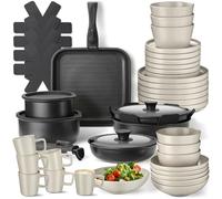 tectake® Set de cuisine 47 pièces, Service de table 6 personnes et Batterie de cuisine, Poêles Casseroles Service vaisselle Assiettes petites et grandes Assiettes creuses Bol Tasse Vaisselle en grès
