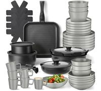 tectake® Set de cuisine 47 pièces, Service de table 6 personnes et Batterie de cuisine, Poêles Casseroles Service vaisselle Assiettes petites et grandes Assiettes creuses Bol Tasse Vaisselle en grès
