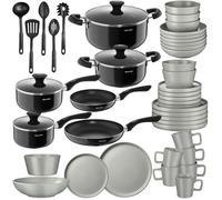 TECTAKE Set de cuisine pour 6 personnes avec vaisselle et casseroles - gris/noir - 45 pièces