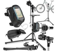 TecTake® Set de Support Velo Pieds d'atelier & Sacoche velo, Montage Entretien Reparation VTT Vélo électrique Velo de course, Support pour Outils, Charge max. 50kg Réglable Pliable 108x81x106-169 cm