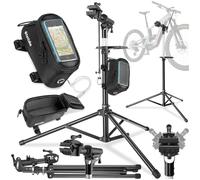 TecTake® Set de Support Velo Pieds d'atelier & Sacoche velo, Montage Entretien Reparation VTT Vélo électrique Velo de course, Support pour Outils, Charge max. 50kg Réglable Pliable 138x120x117-180 cm