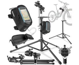 tectake® Set de Support Velo Pieds d'atelier & Sacoche velo, Montage Entretien Reparation VTT Vélo électrique Velo de course, Support pour Outils, Charge max. 50kg Réglable Pliable 138x120x117-180 cm