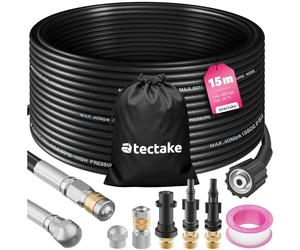 tectake® Set de Tuyau fléxible 15m pour nettoyeurs haute-pression Déboucheur canalisation Déboucheur Evier WC Douche avec 2 buses & 3 adaptateurs, Accessoires nettoyeurs haute pression