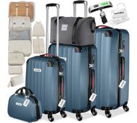 tectake® Set de Valises Coque Rigide ABS, 3 Tailles M-L-XL, Vanity Case, Sac de Voyage, roulettes 360°, Serrure TSA, Poignée télescopique, Kit de Rangement, Pèse-Bagage et étiquettes Inclus - Bleu