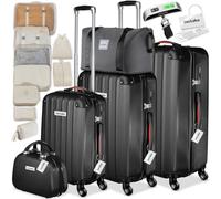 tectake® Set de Valises Coque Rigide ABS, 3 Tailles M-L-XL, Vanity Case, Sac de Voyage, roulettes 360°, Serrure TSA, Poignée télescopique, Kit de Rangement, Pèse-Bagage et étiquettes Inclus - Noir