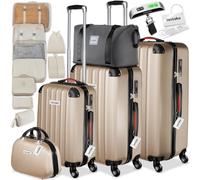tectake® Set de Valises Coque rigide ABS, 3 Tailles M-L-XL, Vanity case, Sac de voyage, Roulettes 360°, Serrure TSA, Poignée télescopique, Kit de rangement, Pèse-bagage & étiquettes inclus - Champagne