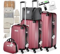 tectake® Set de Valises Coque Rigide ABS, 3 Tailles M-L-XL, Vanity Case, Sac de Voyage, roulettes 360°, Serrure TSA, Poignée télescopique, Kit de Rangement, Pèse-Bagage et étiquettes - Rouge Bordeaux