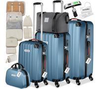 tectake® Set de Valises Coque Rigide ABS, 3 Tailles M-L-XL, Vanity Case, Sac de Voyage, roulettes 360°, Serrure TSA, Poignée télescopique, Kit de Rangement, Pèse-Bagage et étiquettes Inclus - Bleu