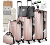 tectake® Set de Valises Coque Rigide ABS, 3 Tailles M-L-XL, Vanity Case, Sac de Voyage, roulettes 360°, Serrure TSA, Poignée télescopique, Kit de Rangement, Pèse-Bagage et étiquettes Inclus - Or Rose