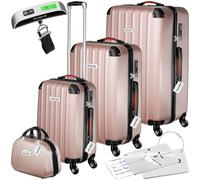 tectake® Set de Valises de Voyage, Coque Rigide en ABS, 3 Tailles M-L-XL + Vanity Case, roulettes Pivotantes à 360°, Serrure TSA, Poignée télescopique, Pèse-Bagage et étiquettes Inclus - Or Rose