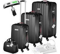 tectake® Set de Valises de Voyage, Coque Rigide en ABS, 3 Tailles M-L-XL + Vanity Case, roulettes Pivotantes à 360°, Serrure TSA, Poignée télescopique, Pèse-Bagage et étiquettes Inclus - Noir