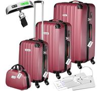 tectake® Set de Valises de Voyage, Coque rigide en ABS, 3 Tailles M-L-XL + Vanity case, Roulettes Pivotantes à 360°, Serrure TSA, Poignée télescopique, Pèse-bagage & étiquettes inclus - Rouge Bordeaux